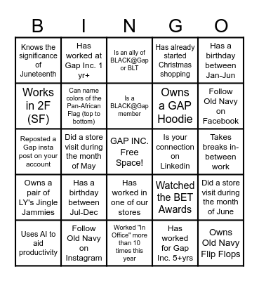 Gap Inc Inspired Bingo Card
