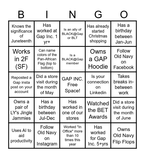 Gap Inc Inspired Bingo Card