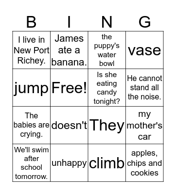 Grammar Bingo Card