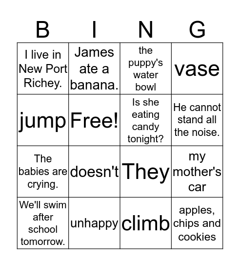 Grammar Bingo Card