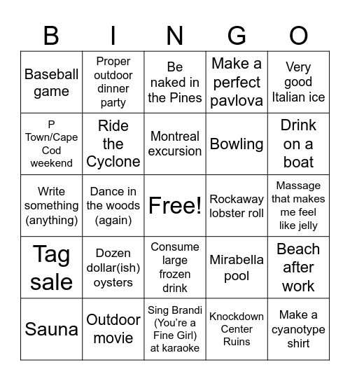Caitlin’s Summer Bingo 💃🌞🌊🍉 Bingo Card