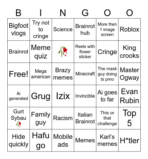 Snapchat reels bingo Card