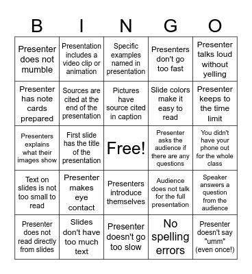 Presentation Bingo Card