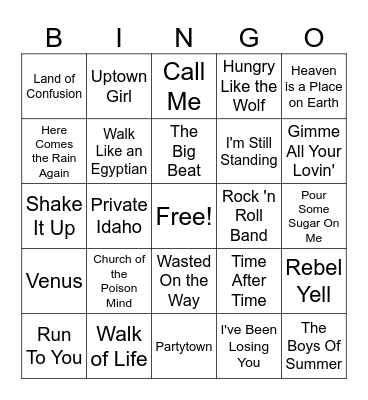 Songs of the 80's #3 Bingo Card