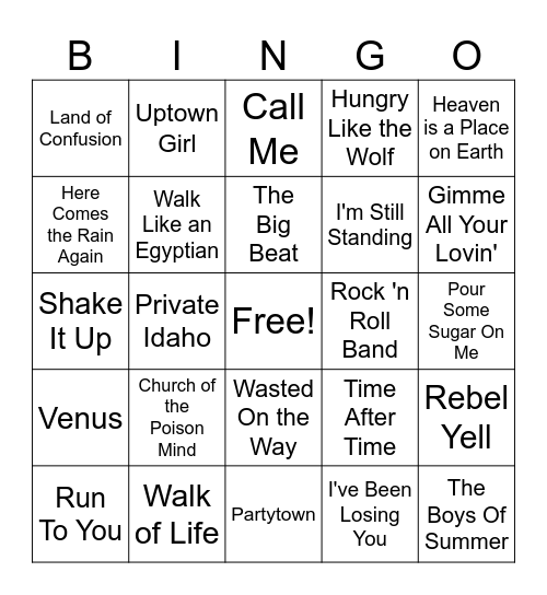 Songs of the 80's #3 Bingo Card