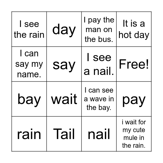 Long A Bingo Card