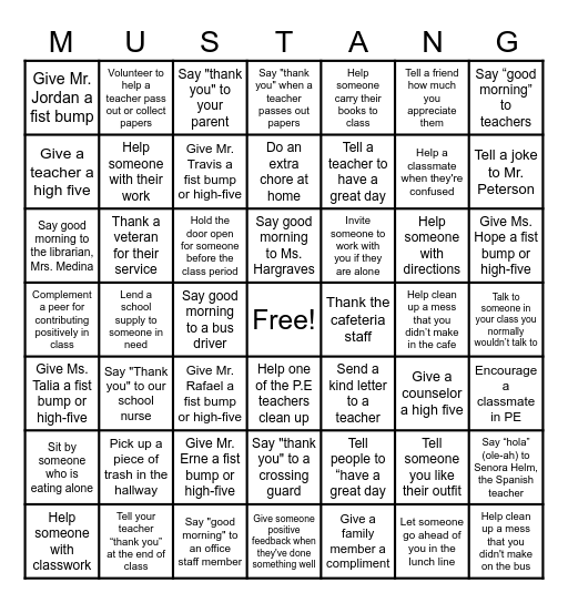 Mannion MS Week of Respect BINGO Card