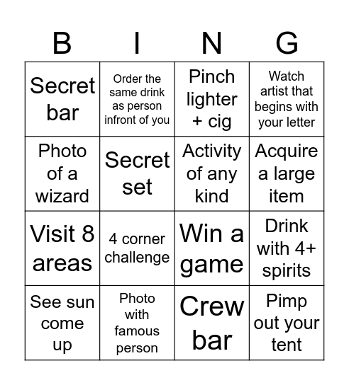 Glasto Bingo Card