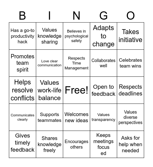 Team Values Bingo Card