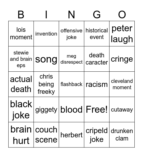 famaly guy bingo Card