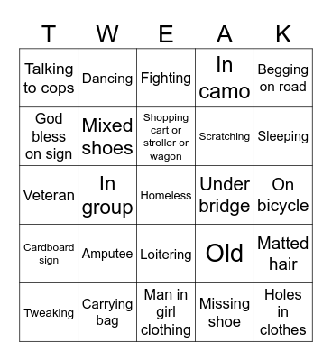 Homeless Bingo Card