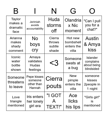 Love Island Bingo Card