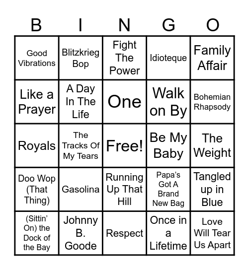 Greatest Hits of All Time Bingo Card