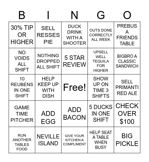 SERVER/ BAR BINGO Card