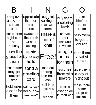 Random Acts of Kindness for Caregivers Bingo Card