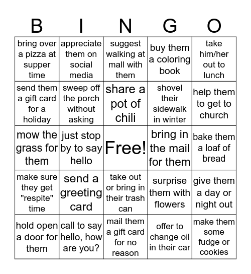 Random Acts of Kindness for Caregivers Bingo Card