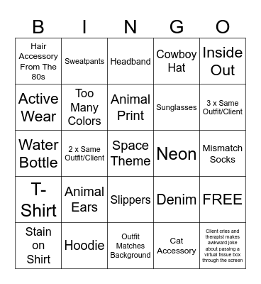 Therapist Fashion Challenge Bingo Card