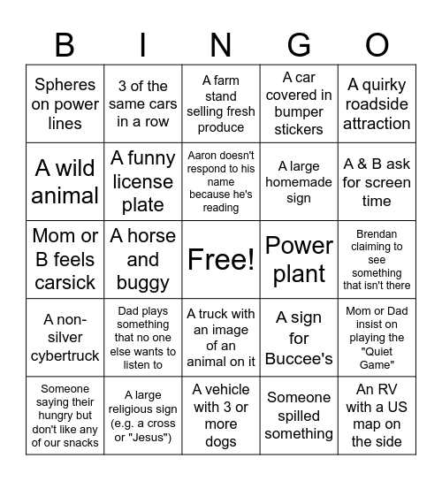 South East Car Trip Bingo Card