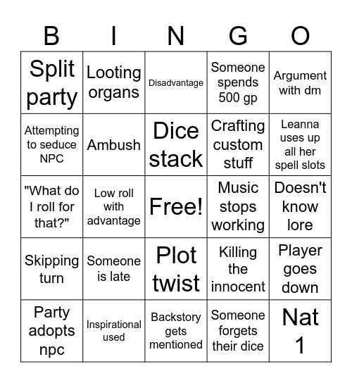 Drunk DnD Bingo Card