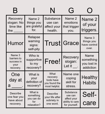 Recovery Bingo Card