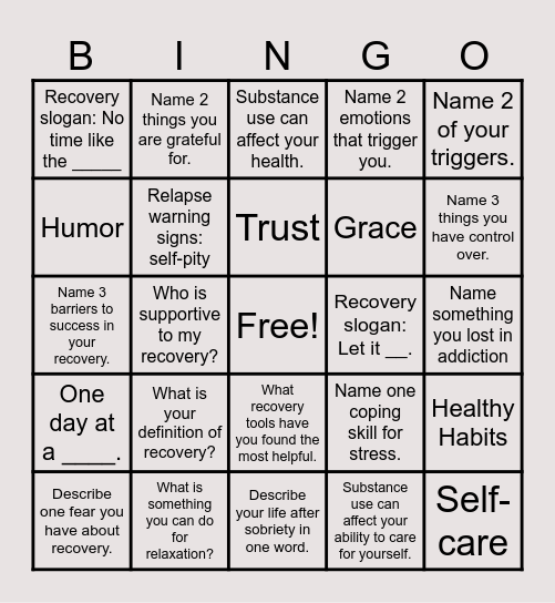 Recovery Bingo Card