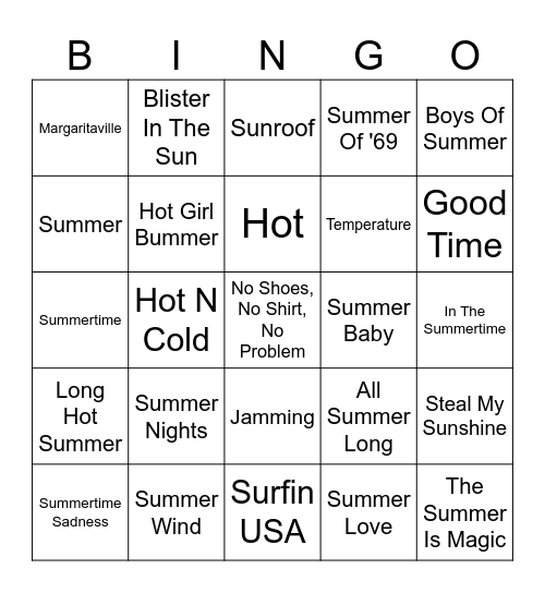 Summer Hot Hits Bingo Card
