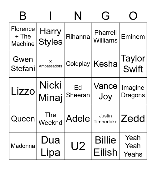 Artist ABCs Bingo Card