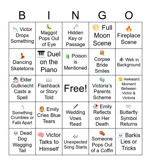 Corpse Bride Bingo Card