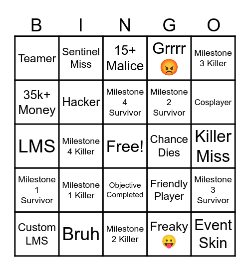 Forsaken Bingo Card