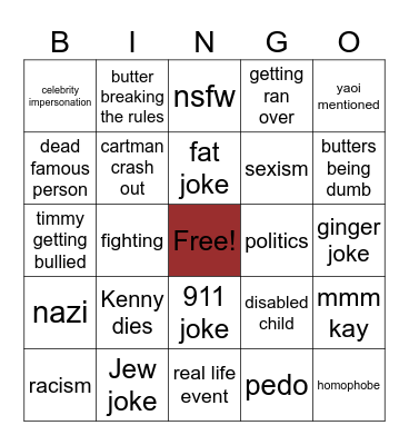 South Park Bingo Card