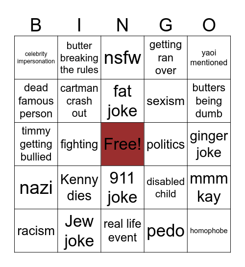 South Park Bingo Card