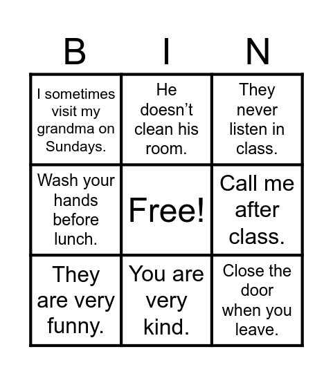 Simple Present Bingo Card
