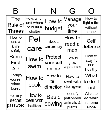 Everyday Survival Skills Bingo Card