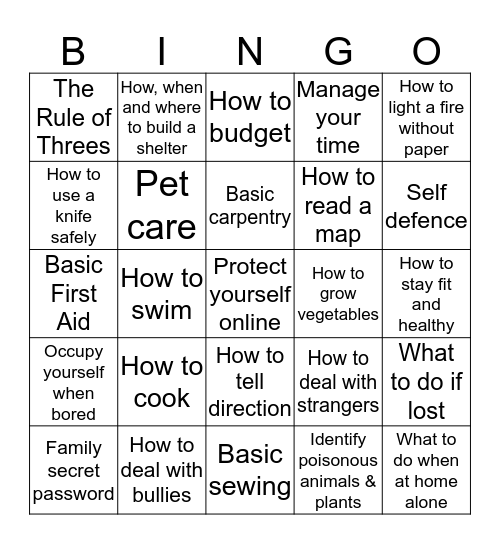 Everyday Survival Skills Bingo Card