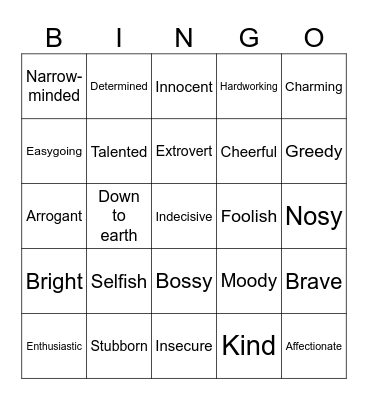 Personality traits Bingo Card