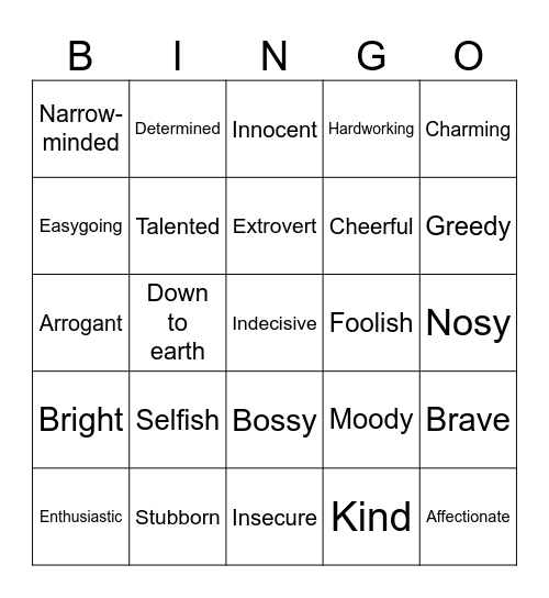Personality traits Bingo Card