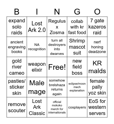 Wes' Bingo for LOAON Bingo Card