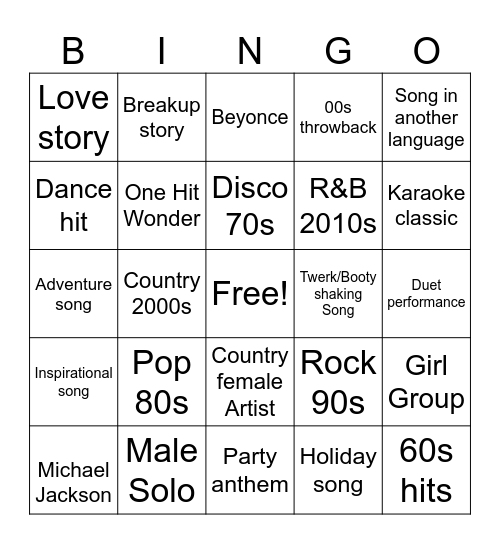 BINGO KARAOKE Bingo Card