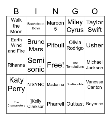 Pop Music Bingo Card