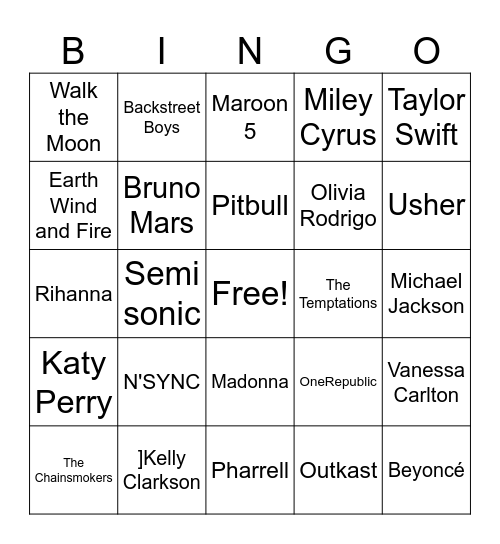 Pop Music Bingo Card