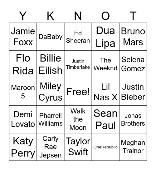 POP Music Bingo Card