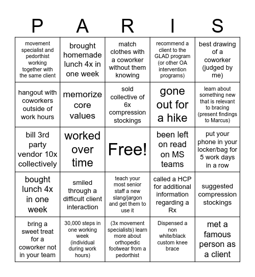 Paris Team Bingo Card