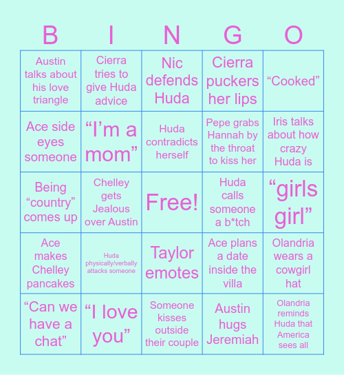 Love Island Season 7 Epi 15 Bingo Card