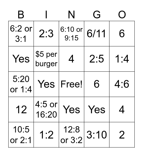 Proportions Bingo Card