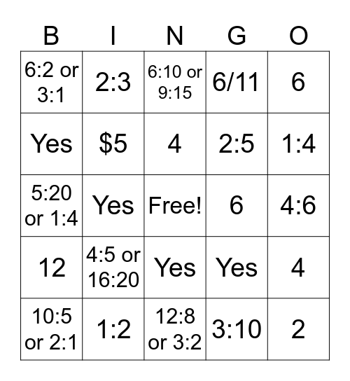 Proportions Bingo Card