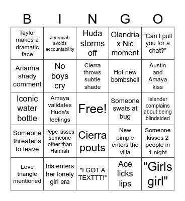 Love island Bingo Card