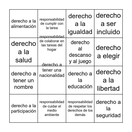 BINGO DERECHOS Y RESPONSABILIDADES Bingo Card