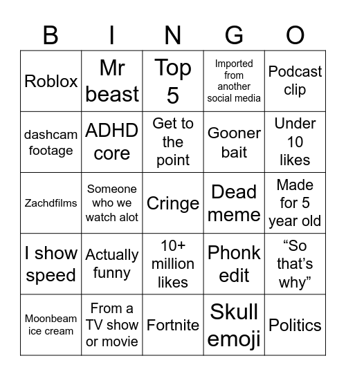 Yt shorts bingo Card