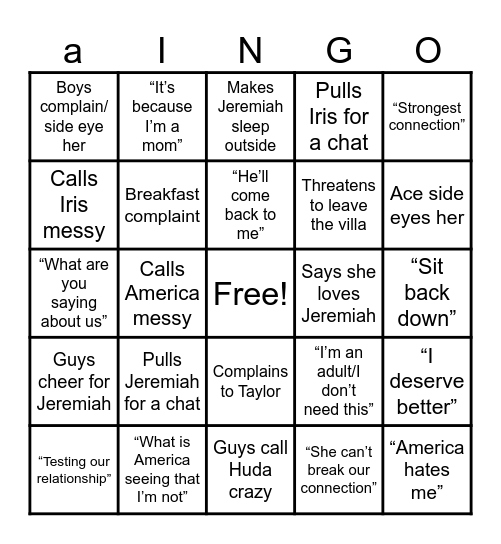 Huda’s crashout Bingo Card
