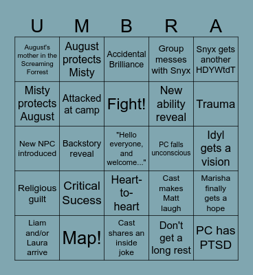 Age of Umbra: Episode 4 (AUx04) Bingo Card